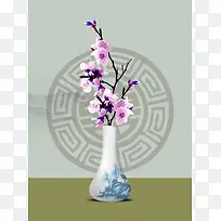 中国风花瓶鲜花绿色背景素材