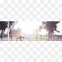 单车树木栏杆背景图