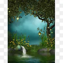 格林童话梦幻卡通绿色森林背景