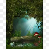 魔幻童话蘑菇绿色背景