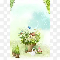 小清新手绘插画植树节海报背景素材