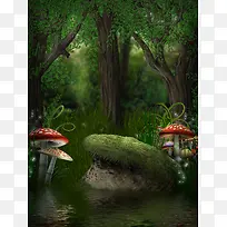 魔幻森林蘑菇绿色背景