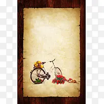 单车玫瑰花小猫木纹边框背景