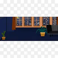 午夜室内窗外手绘banner