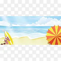海边度假卡通童趣冲浪蓝色阳光背景