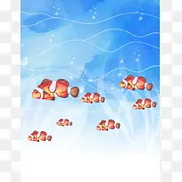 卡通水彩手绘小丑鱼唯美大海蓝色夏季背景