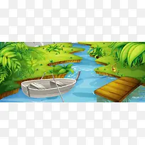 绿色手绘船创意banner背景