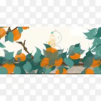 柿子树与鸟彩色手绘banner