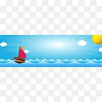 蓝色卡通天空云朵海面banner