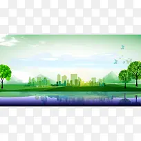 卡通绿色城市低碳出行海报背景模板