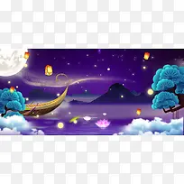中秋促销卡通夜景可爱banner