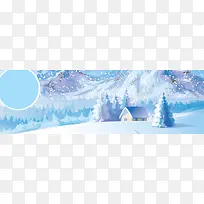 你好十二月手绘冬季村庄蓝色banner