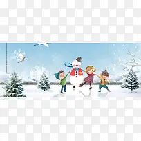 立冬堆雪人卡通雪松蓝色banner