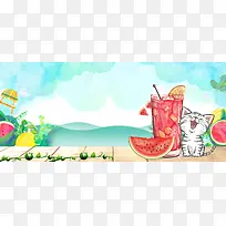 饮品卡通蓝色海报背景banner