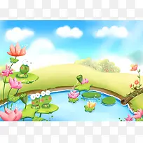 手绘幼儿园插画池塘青蛙蓝天背景