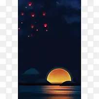 矢量手绘夜景孔明灯月亮插图