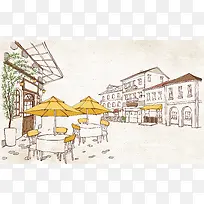 手绘城市街角咖啡馆