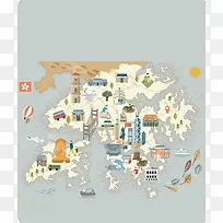 手绘矢量旅游香港景点地图香港岛海报背景
