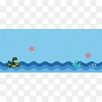 小海龟游泳卡通海浪蓝色背景