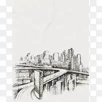 黑白简约线条城市建筑素描手绘背景素材