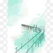 元旦节绿色水彩风旅游长江大桥海报