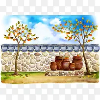 手绘幼儿园插画墙头瓦罐柿子树