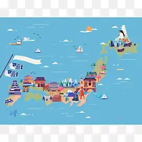 手绘矢量旅游日本景点九州四国东京海报