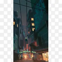 简约城市夜景插画H5背景
