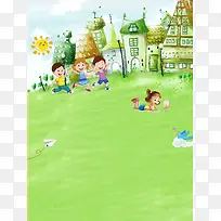 绿色卡通草坪欢乐儿童节背景素材