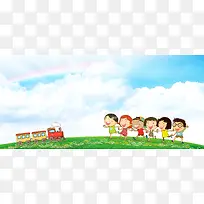 61儿童节童趣蓝天白云彩虹绿地背景