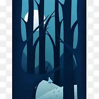 简约手绘寂静夜晚插画风景psd分层