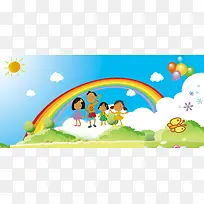 六一儿童节卡通儿童彩虹白云海报背景