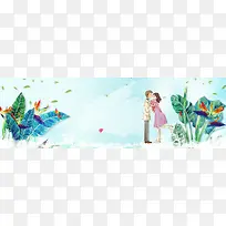 520花朵绿叶手绘蓝色背景