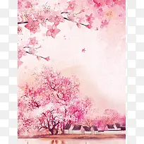 手绘风景桃花花朵漂浮花瓣背景素材