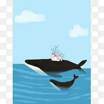 手绘插画蓝色大海鲸鱼早安清新唯美创意