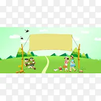 春天出游卡通绿色banner背景