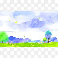 彩色手绘山川森林树林风景草地大树背景素材