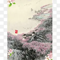 手绘插画古典桃花节背景素材