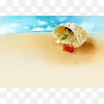 手绘唯美海滩少女海报背景模板