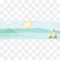 卡通白云月亮湖泊河流黄色banner