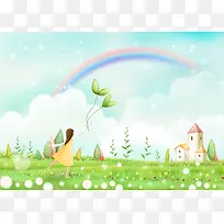 手绘幼儿园插画女孩绿叶气球彩虹