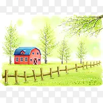 手绘幼儿园插画草地红色房子篱笆