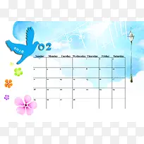 蓝色卡通飞鸟日历月历表商务背景素材
