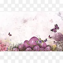 紫色插画花卉蝴蝶复活节海报背景素材