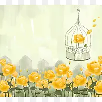 花园黄色鸟笼花朵印刷背景