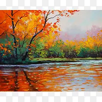 油画 河畔秋色图片