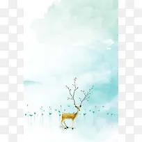 圣诞节小鹿绿色系水彩手绘海报