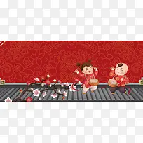 卡通福娃手绘屋顶红色banner