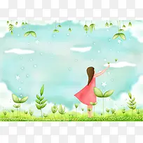 手绘幼儿园插画女孩云海植物背景