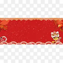 新年舞狮卡通灯笼手绘红色banner